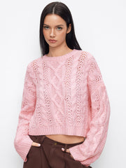 Cable Knit Round Neckline Oversized Long Sleeve Crop Top