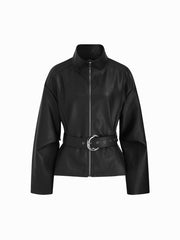 Faux Leather Stand Collar Zip Through Jacket With Belt