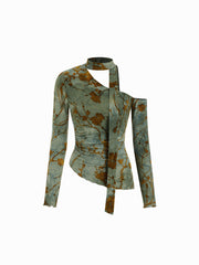 Asymmetrical Neck Floral Ruched Lettuce Trim Top With Scarf