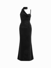 Velvet Halter Neckline Ruched Cami Maxi Dress With Scarf