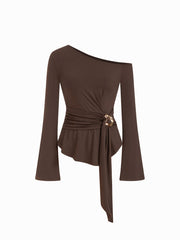 Asymmetrical Neck Metal Detail Draped Long Bell Sleeve Tee