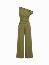 Jacquard Asymmetrical Neck Textured Ruched Metal Detail Jumpsuit