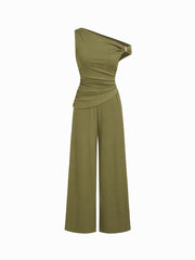 Jacquard Asymmetrical Neck Textured Ruched Metal Detail Jumpsuit