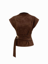 Suede Stand Collar Metal Detail Ruched Top