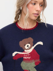Knit Happy Bear Round Neck Contrasting Trim Sweater
