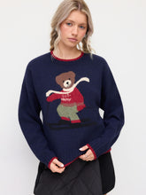 Knit Happy Bear Round Neck Contrasting Trim Sweater