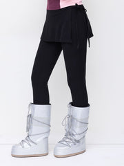 Two-piece Thermal Cotton-blend Mid Rise knotted Leggings Trouser-Skirt