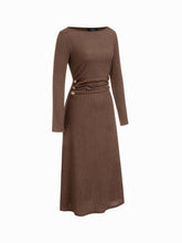 Boat Neck Metal Button Ruched Midi Dress