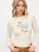 Cotton-blend Graphic Round Neckline Long Sleeve Top