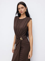 Round Neckline Ruched Metal Detail Maxi Dress