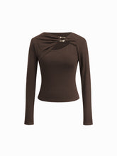 Asymmetrical Neck Long Sleeve Metal Detail Top