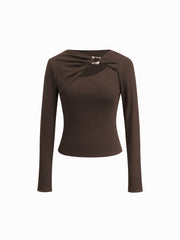 Asymmetrical Neck Long Sleeve Metal Detail Top