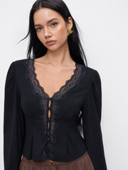 V-neck Long Sleeve Lace Trim Blouse