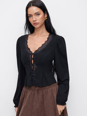 V-neck Long Sleeve Lace Trim Blouse
