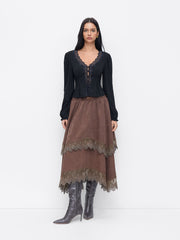 V-neck Long Sleeve Lace Trim Blouse