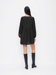 Chiffon V-Neck Floral Embroidery Ruched Lantern Sleeve Flared Mini Dress