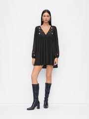 Chiffon V-Neck Floral Embroidery Ruched Lantern Sleeve Flared Mini Dress