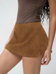 Suede Low Rise Zip Through Split Mini Skirt