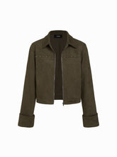 Suede Collar Long Sleeve Zip Through Jacket