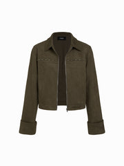 Suede Collar Long Sleeve Zip Through Jacket