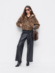 Fleece Hooded Leopard Print Zip Through Cropped Jacket