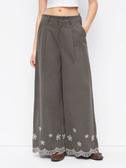 100% Cotton Mid Rise Floral Embroidery Wide Leg Trousers