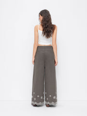 100% Cotton Mid Rise Floral Embroidery Wide Leg Trousers