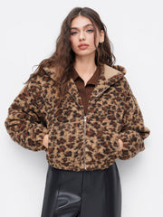 Fleece Hooded Leopard Print Zip Through Cropped Jacket