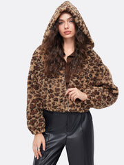 Fleece Hooded Leopard Print Zip Through Cropped Jacket