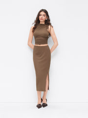 Stand Collar Drawstring Ruched Tank Top & High Rise Split Maxi Skirt Set