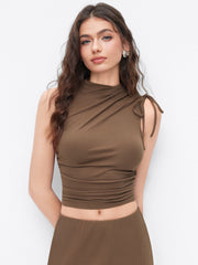 Stand Collar Drawstring Ruched Tank Top & High Rise Split Maxi Skirt Set