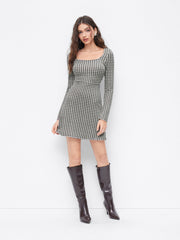 Gingham Square Neck Long Sleeve Mini Shift Dress