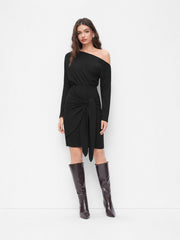 Asymmetrical Neck Long Sleeve Tie Front Midi Dress