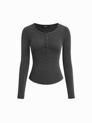 Striped Round Neckline Long Sleeve Button Top