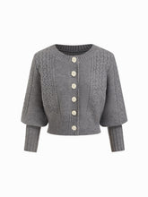 Cable Knit Round Neckline Lantern Sleeve Cardigan