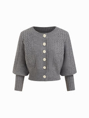 Cable Knit Round Neckline Lantern Sleeve Cardigan
