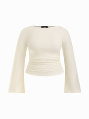 Boat Neck Solid Ruched Long Sleeve Tee Curve & Plus
