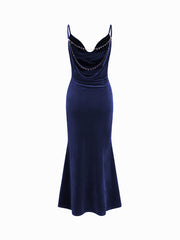 Velvet Cowl Neck Backless Chain Detail Mermaid Maxi Dress
