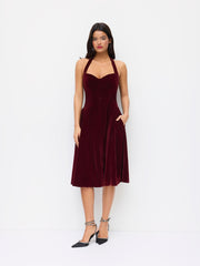 Velvet Halter Neckline Ruffle Knotted Midi Dress