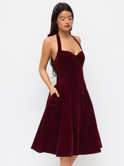 Velvet Halter Neckline Ruffle Knotted Midi Dress