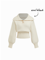 Knit Wool-blend Collar Long Sleeve Metal Button Cinched Waist Top