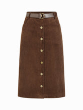 Corduroy Cotton-blend Mid Rise Pencil Midi Skirt With Belt
