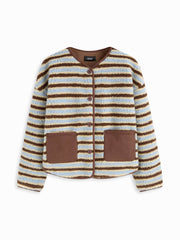 Fleece Striped V-Neck Oversized Jacket