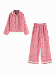 Cotton-blend Gingham Broderie Anglaise Oversized Top & High Rise Lettuce Trim Wide Leg Trousers Loungewear Set