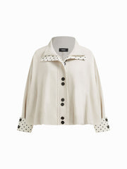 Polka Dot Stand Collar Puff Sleeve Cotton- blend Jacket