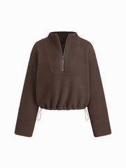 Fleece Stand Collar Half Zip Drawstring Oversized Sweatshirt