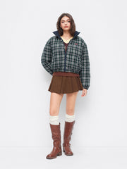 Reversible Cotton-blend Stand Collar Tartan Zip Through Puffer