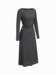Boat Neck Metal Button Ruched Midi Dress