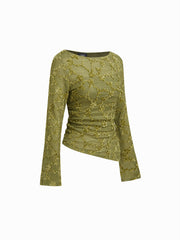 Boat Neck Lace Floral Asymmetrical Hem Split Top With Cami Top