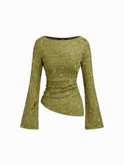 Boat Neck Lace Floral Asymmetrical Hem Split Top With Cami Top
